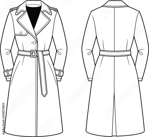 PrintFashion flat sketch of elegant long trench coat with belt, lapel collar, button closure, front and back technical apparel illustration