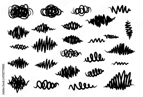 Set of hand drawn black scribbles, doodles, abstract tangled, wavy and zigzag line art shapes
