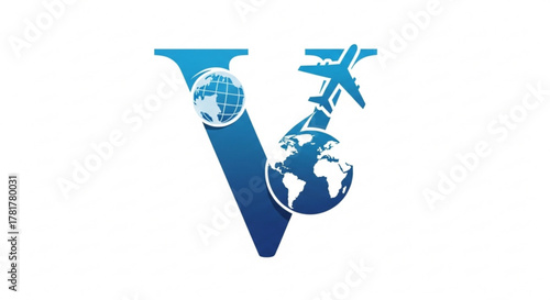 Letter v travel logo, featuring a globe and airplane, symbolizing global travel and vacation destinations for tourism
