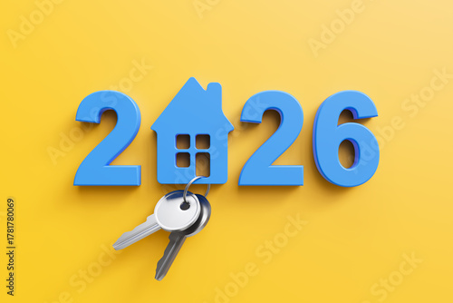blue 2026 New Year design template with silver keys and an abstract house symbol on yellow background . 3D render