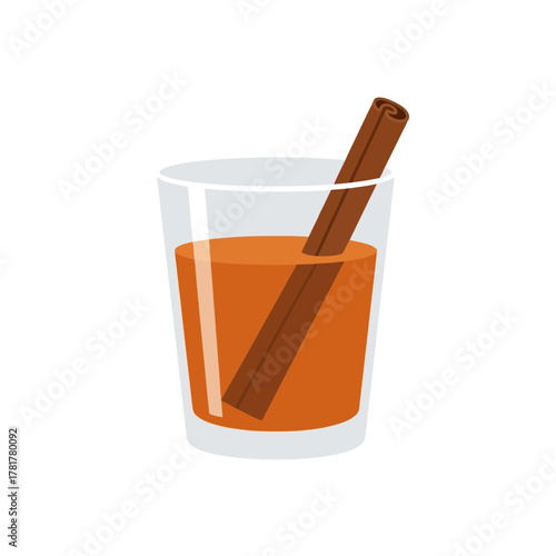 A glass of orange liquid with a cinnamon stick inside, isolated on a white background.