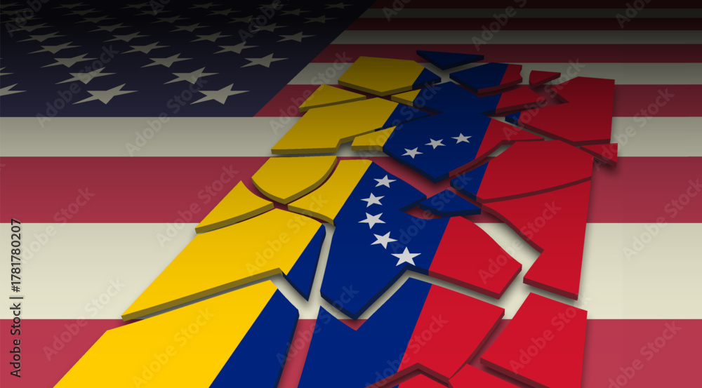 Naklejka premium Vector political 3D banner. Flag of United States of America and broken flag of Bolivarian Republic of Venezuela. Washington and Caracas. Shards and parts