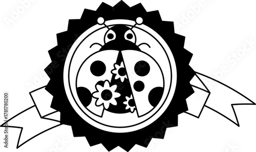 black and white logotype of A ladybug with flowers on it