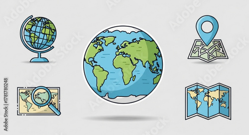 Travel and geography icons, featuring globe, map, and location pin, representing adventure, exploration, and cartography