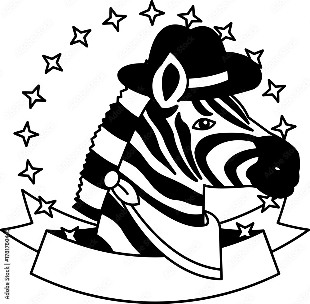 Obraz premium black and white logotype of A zebra wearing a cowboy hat and bandana