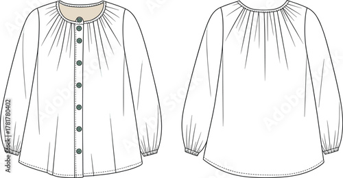 PrintFashion flat sketch of long sleeve gathered blouse with round neckline, button front closure, loose fit silhouette, detailed vector illustration
