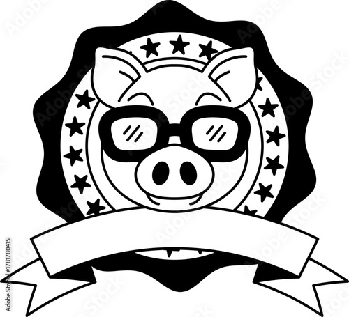 black and white logotype of A pig wearing 3D glasses