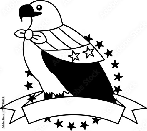 black and white logotype of A cartoon eagle wearing American flag on its chest