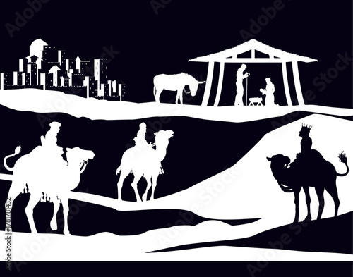 A Christmas nativity scene with baby Jesus in the manger, wise men and city of Bethlehem in the background