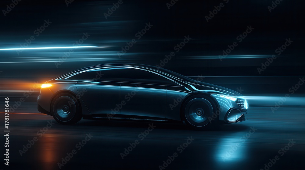 Obraz premium Sleek futuristic car speeds through dark streets with a striking motion blur creating a dynamic visual experience