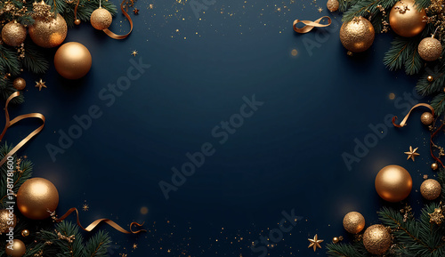 Minimalist Luxury Christmas Background in Deep Navy Blue and Gold with Subtle USA Flag Wave and Golden Decorations