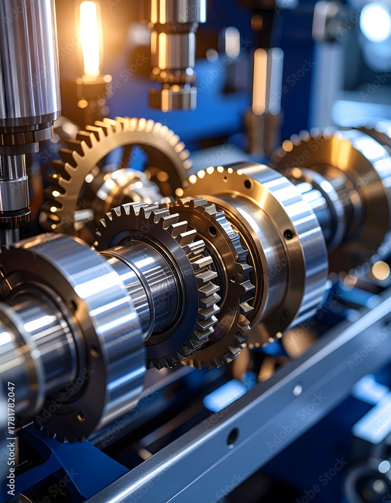 Obraz premium Detailed Close-Up of Industrial Gears and Machinery with Bright Lighting