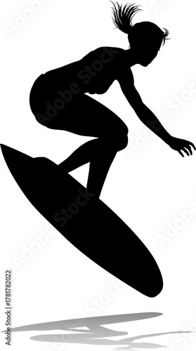 Surfer surfboard boarding female surfer surfing silhouette outline. Woman surf pose design concept.