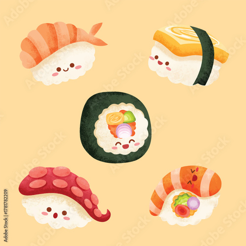 Cute cartoon sushi characters with smiling faces, including shrimp, tamago, octopus nigiri, and a maki roll, on a light background.
