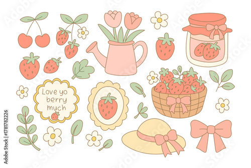 Strawberry flower cute cottagecore summer vector illustration with vintage bow and floral. Fruit sticker set for spring in soft pink harvest.