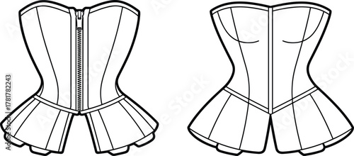 PrintFashion flat sketch of peplum corset top, front and back view, elegant structured garment design, stylish clothing illustration, couture fashion
