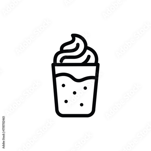 Iced coffee drink line icon, tall glass with straw and whipped cream topping, representing frappe, iced latte, or cold beverage, perfect for cafe and drink menu design