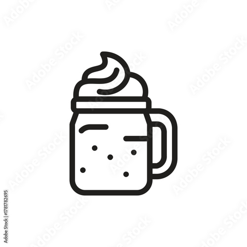 Iced coffee drink line icon, tall glass with straw and whipped cream topping, representing frappe, iced latte, or cold beverage, perfect for cafe and drink menu design
