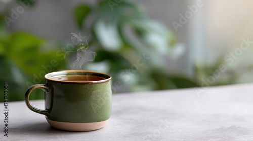 Steaming green ceramic mug of hot herbal tea on table, relaxing and cozy morning drink. Calm moment with warm beverage and plant