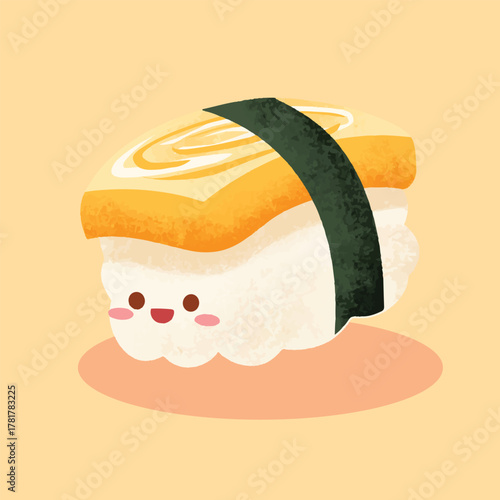 Cute cartoon tamago sushi with a happy face on a light orange background.
