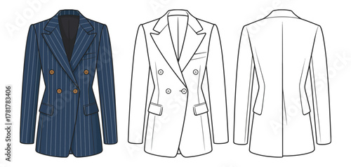 Men’s formal blazer jacket CAD flat vector illustration featuring double-breasted pinstripe design, tailored business suit outerwear template for fashion design, garment pattern, and apparel presentat