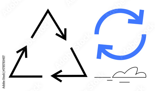 Triangular recycling arrows and circular arrows with cloud symbolizing sustainability, recycling, circular motion, process optimization, renewable energy, environmental conservation. Ideal