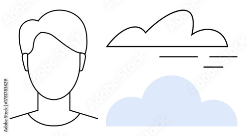 Minimalist face outline paired with stylized clouds and abstract lines. Ideal for creativity, imagination, contemplation, introspection, mindfulness, innovation, and simplicity. A simple flat