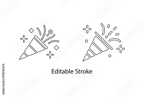 Confetti party popper vector editable stroke icon set, party popper line art icon for Birthday, holiday, Christmas, New Year