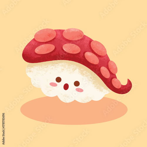 Cute cartoon octopus sushi nigiri with a surprised face on a light orange background, featuring a red tentacle topping.