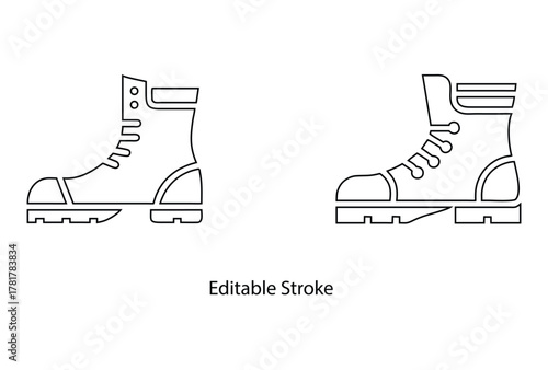 Hiking boots icons editable stroke, construction work boot, combat, army boot, winter boot vector illustration