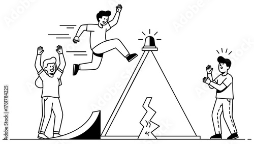 Obstacle jump illustration in black and white line art showing figures reacting to warning light, crack, ramp, and emotional tension