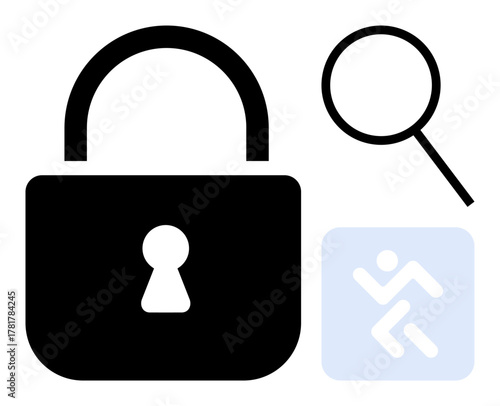 Secure padlock, magnifying glass, and exit sign for protection, investigation, and emergency emphasis. Ideal for privacy, safety, escape, surveillance data protection access control security