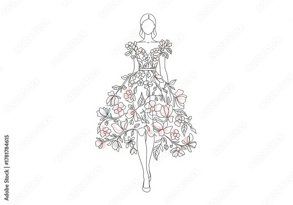 Obraz premium Elegant line art of woman in dress made of flowers. Beautiful bride in floral ball gown. Ideal for coloring books, wedding invitations, and fashion illustration.
