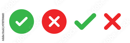 Check mark icons. green check mark and red cross mark icon set. green tick and red x. Symbols of approval and Decline, vector illustration