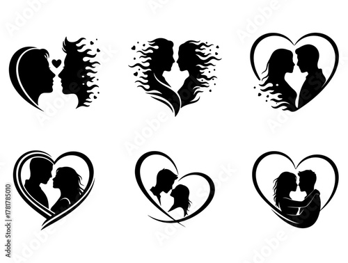 Romantic Couple Silhouette Icons Set Love Valentine's Day Embrace Couple Together