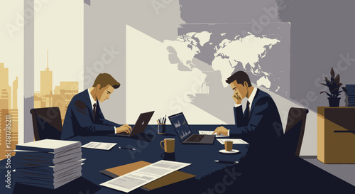Two dedicated businessmen work on laptops and discuss global strategies in a sunlit modern office, representing corporate collaboration and international focus.