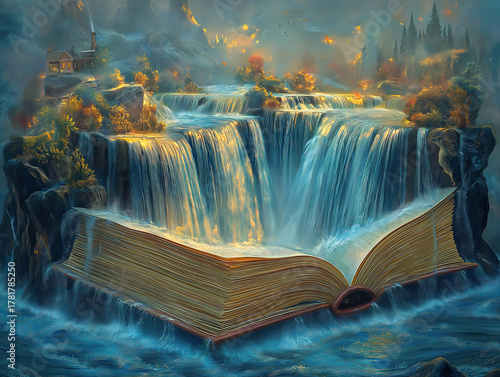 Knowledge and Environment Depicted in Open Book Transforming into a Waterfall