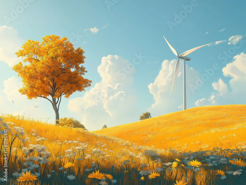Golden Field with Wind Turbine Illustrating the Power of Renewable Energy