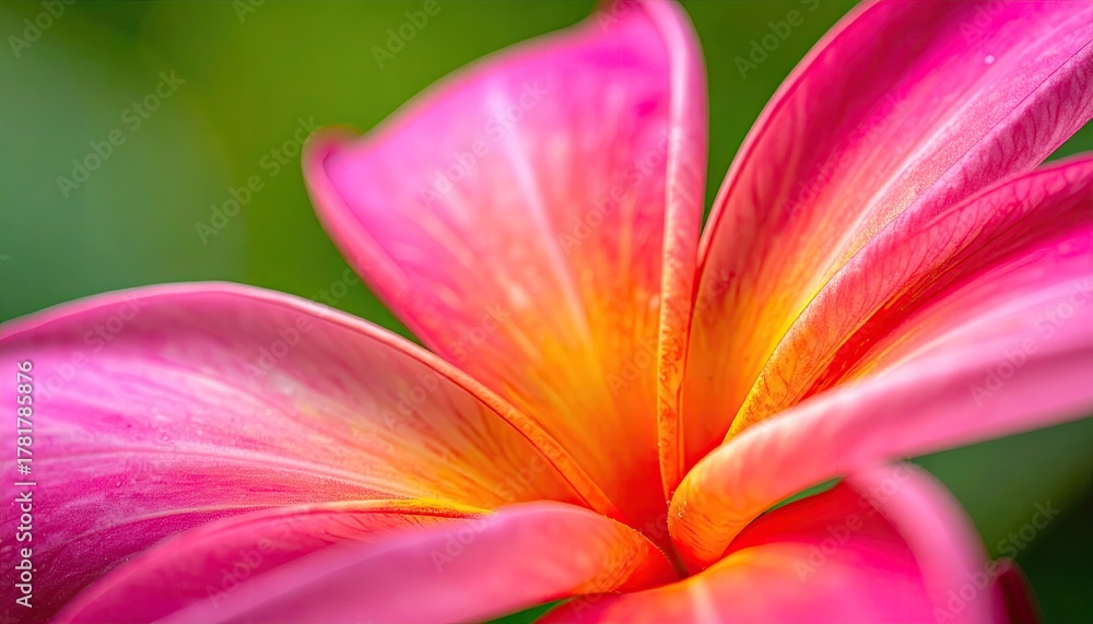 Fototapeta premium Vibrant Pink Plumeria Flower Macro Shot with Yellow Center and Dew Drops Detailed Petals and Blurred Green Background