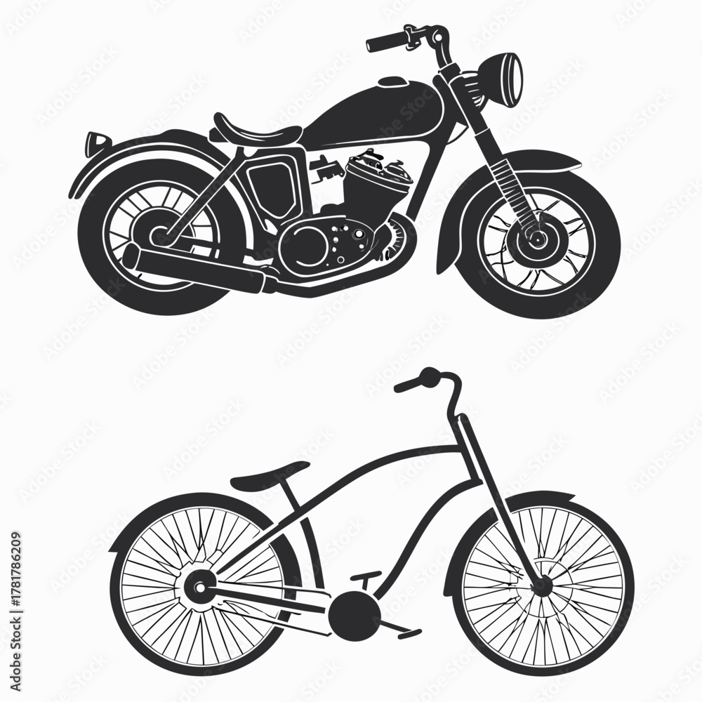 Fototapeta premium Silhouette of a classic motorcycle and a cruiser bicycle on a white background
