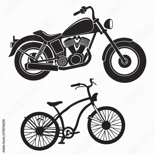 Silhouette of a classic motorcycle and a cruiser bicycle on a white background