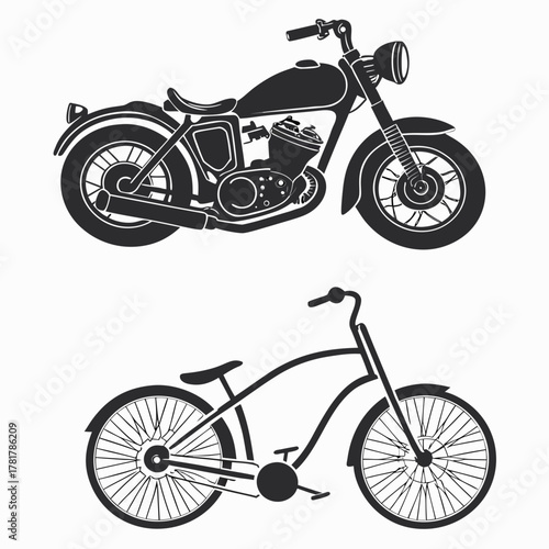 Silhouette of a classic motorcycle and a cruiser bicycle on a white background