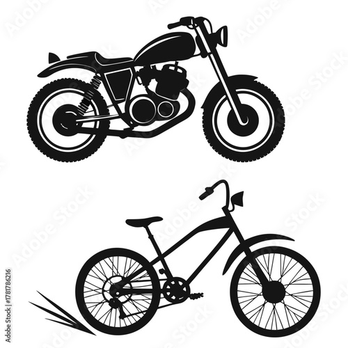 Black silhouette of a motorcycle and a bicycle on a white background