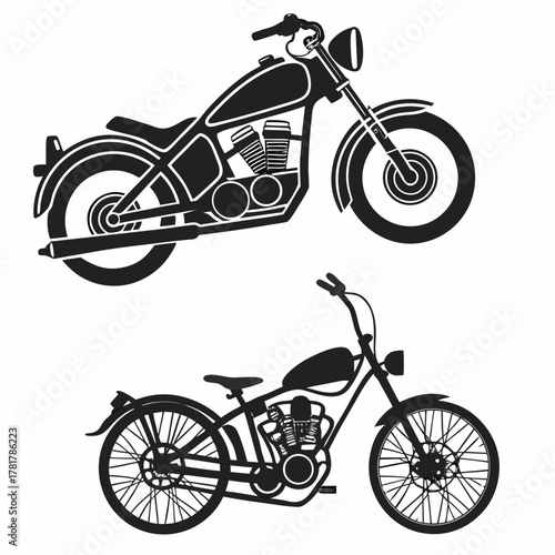 Two black silhouette chopper motorcycles viewed from the side against a white background