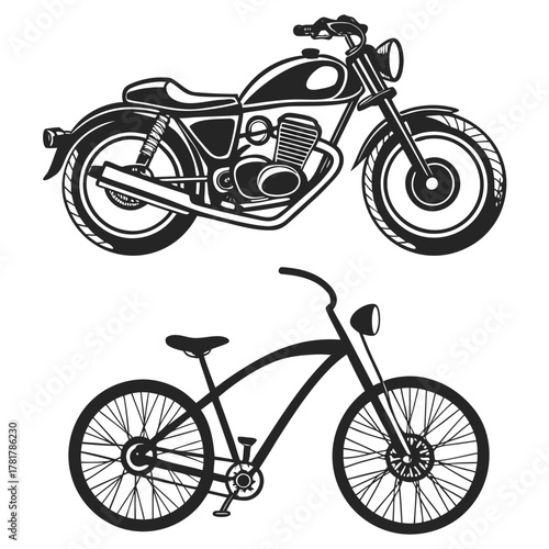 Classic motorcycle and cruiser bicycle silhouettes on a white background