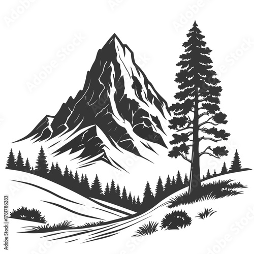 Dramatic mountain peak with evergreen trees and rolling hills in a stylized silhouette