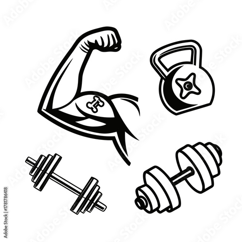 Black and white illustration of weightlifting equipment including a flexed bicep kettlebell and two dumbbells