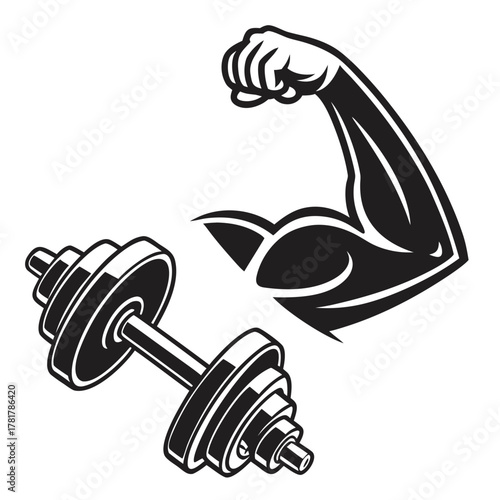 Strong bicep flexing arm and dumbbell icon for fitness and strength training