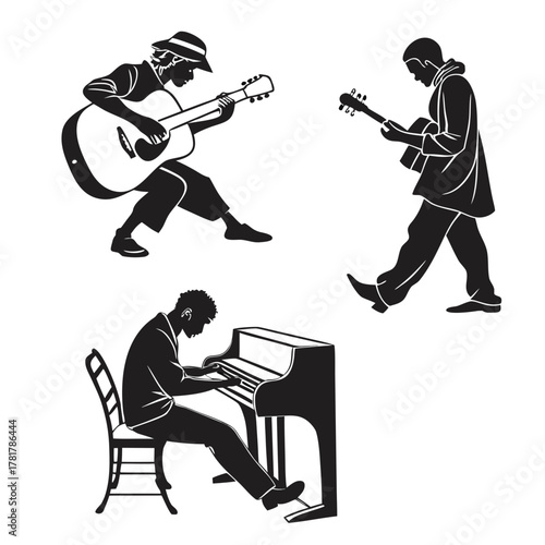 Silhouettes of musicians playing guitar and piano in a dynamic composition