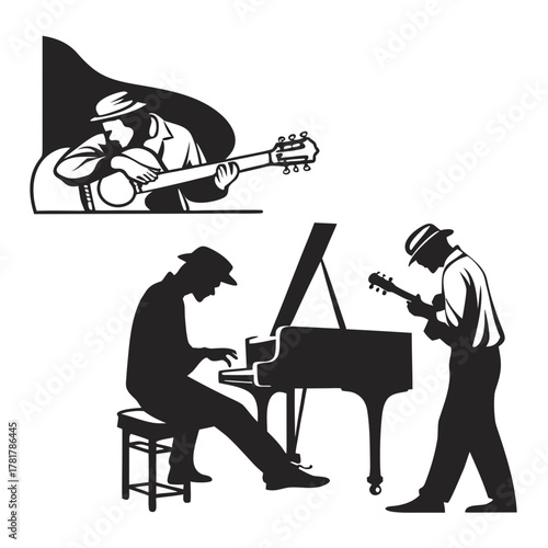 Silhouettes of musicians playing guitar and piano in a jazz band performance